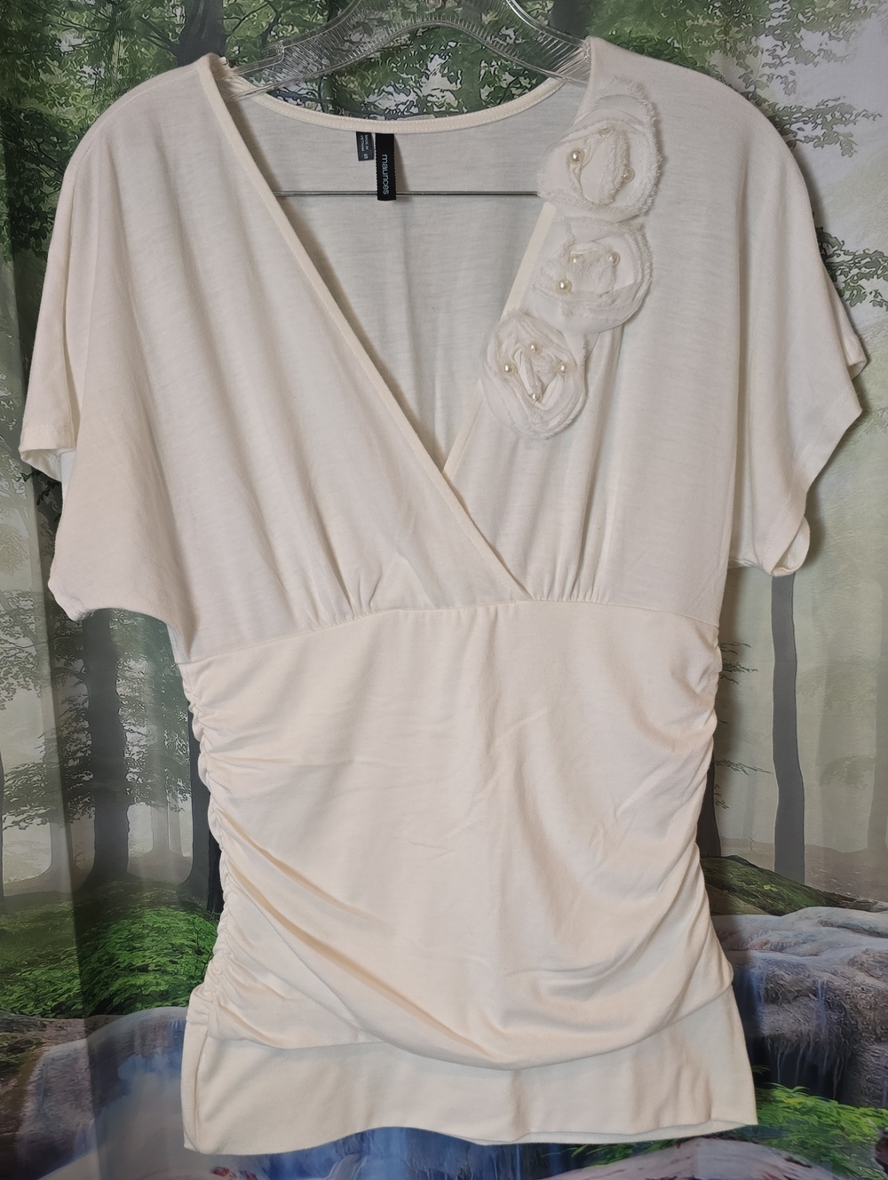 Maurices Cream Floral-Applique V-Neck Tunic